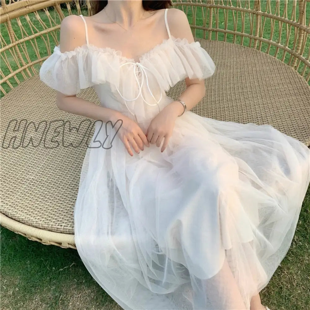 xsrrr Summer Sexy Sweet Lolita Dress Women Low Chest Off Shoulder Bandage Fairy Mesh Dress Female Beach Boho Spaghetti Strap Dresses