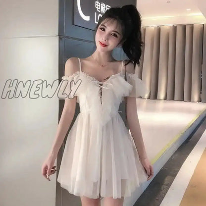 xsrrr Summer Sexy Sweet Lolita Dress Women Low Chest Off Shoulder Bandage Fairy Mesh Dress Female Beach Boho Spaghetti Strap Dresses