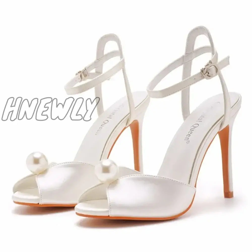 Hnewly Summer Shoes For Women Sandals Silk 10.5CM Thin Heels Buckle Strap String Bead Dress Office Work Women's Pumps Champagne