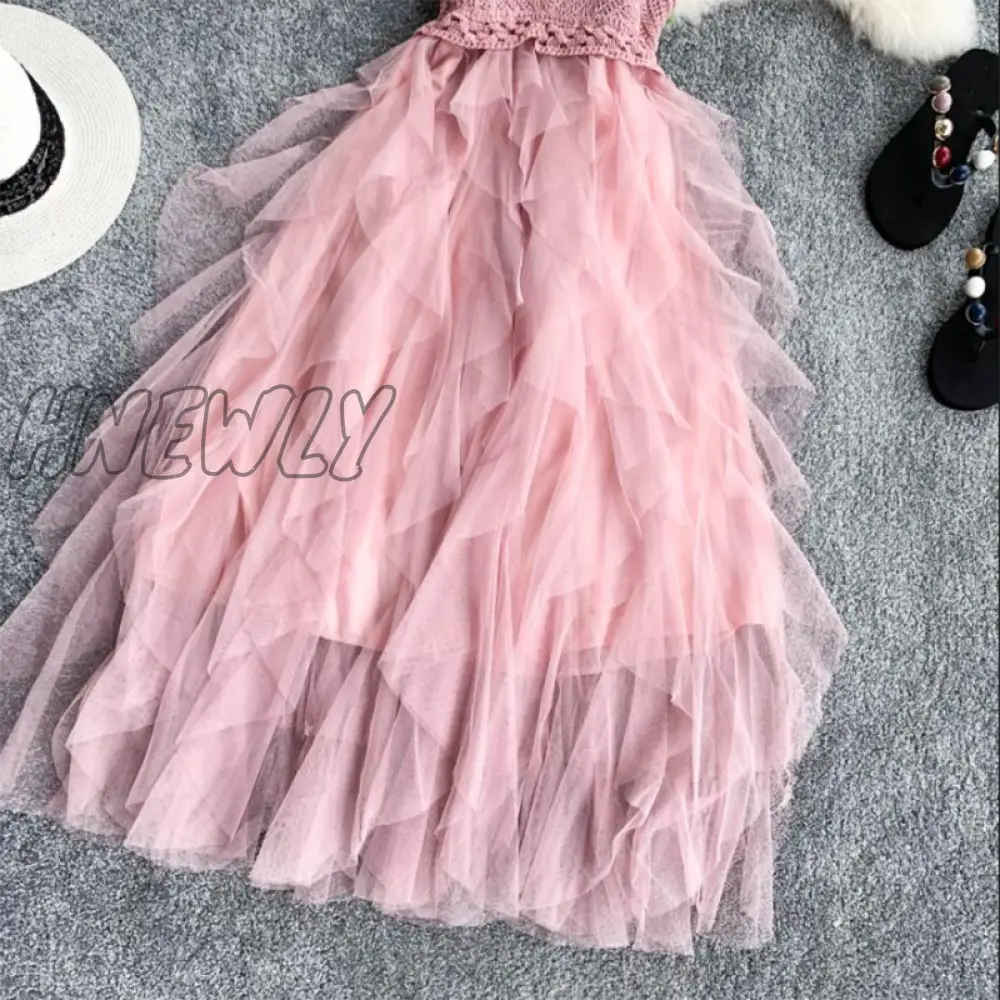 xsrrr Summer Sleeveless Sling Gauze Tulle Dress Women knit V-neck Sexy Backless Long Dresses Sweet Mesh Pink Party Dress Vestidos