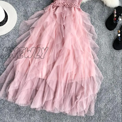 xsrrr Summer Sleeveless Sling Gauze Tulle Dress Women knit V-neck Sexy Backless Long Dresses Sweet Mesh Pink Party Dress Vestidos