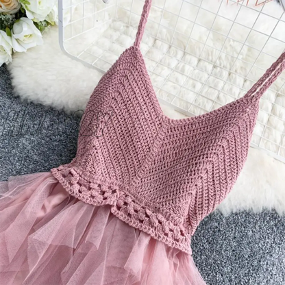 xsrrr Summer Sleeveless Sling Gauze Tulle Dress Women knit V-neck Sexy Backless Long Dresses Sweet Mesh Pink Party Dress Vestidos