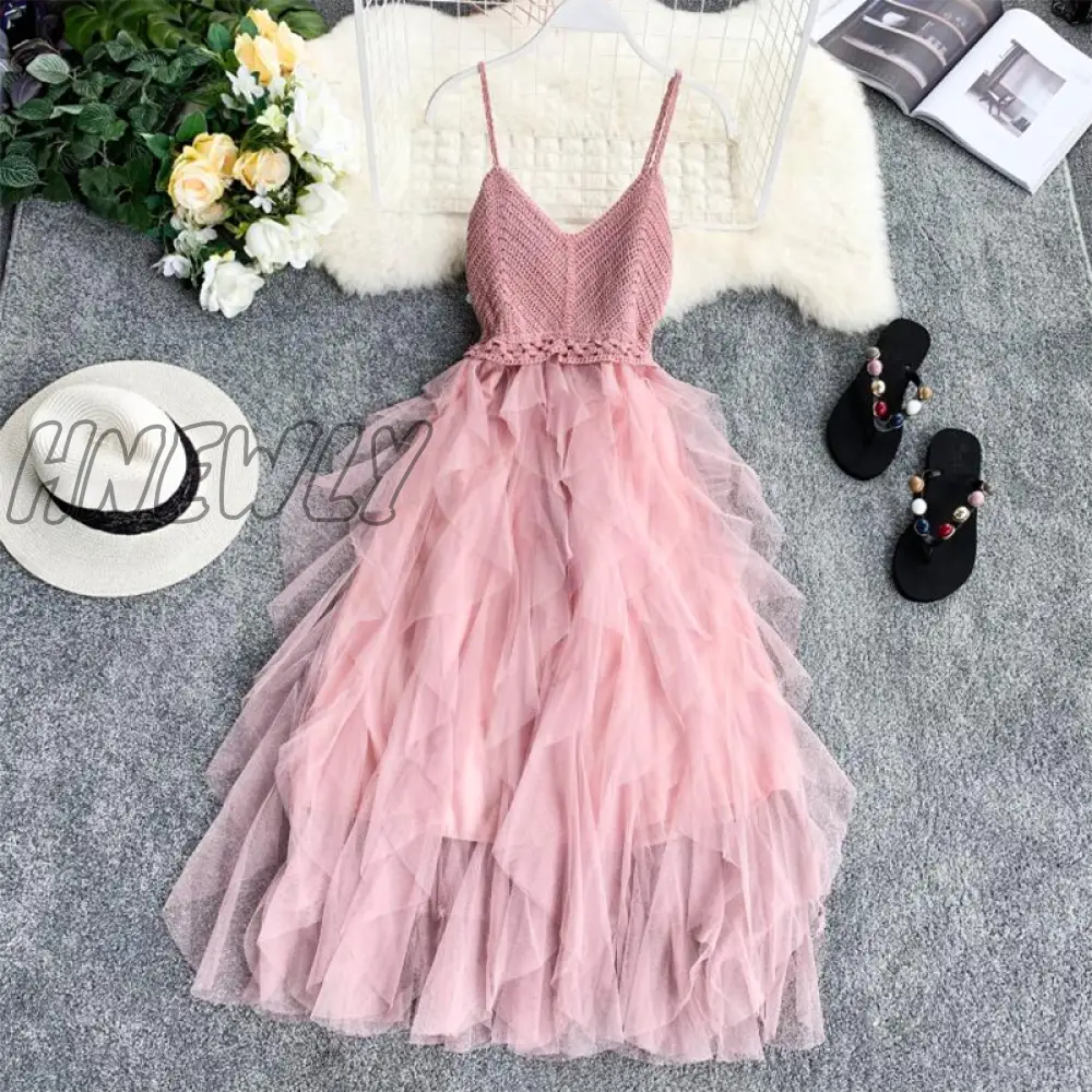 xsrrr Summer Sleeveless Sling Gauze Tulle Dress Women knit V-neck Sexy Backless Long Dresses Sweet Mesh Pink Party Dress Vestidos