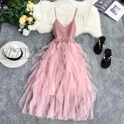 xsrrr Summer Sleeveless Sling Gauze Tulle Dress Women knit V-neck Sexy Backless Long Dresses Sweet Mesh Pink Party Dress Vestidos