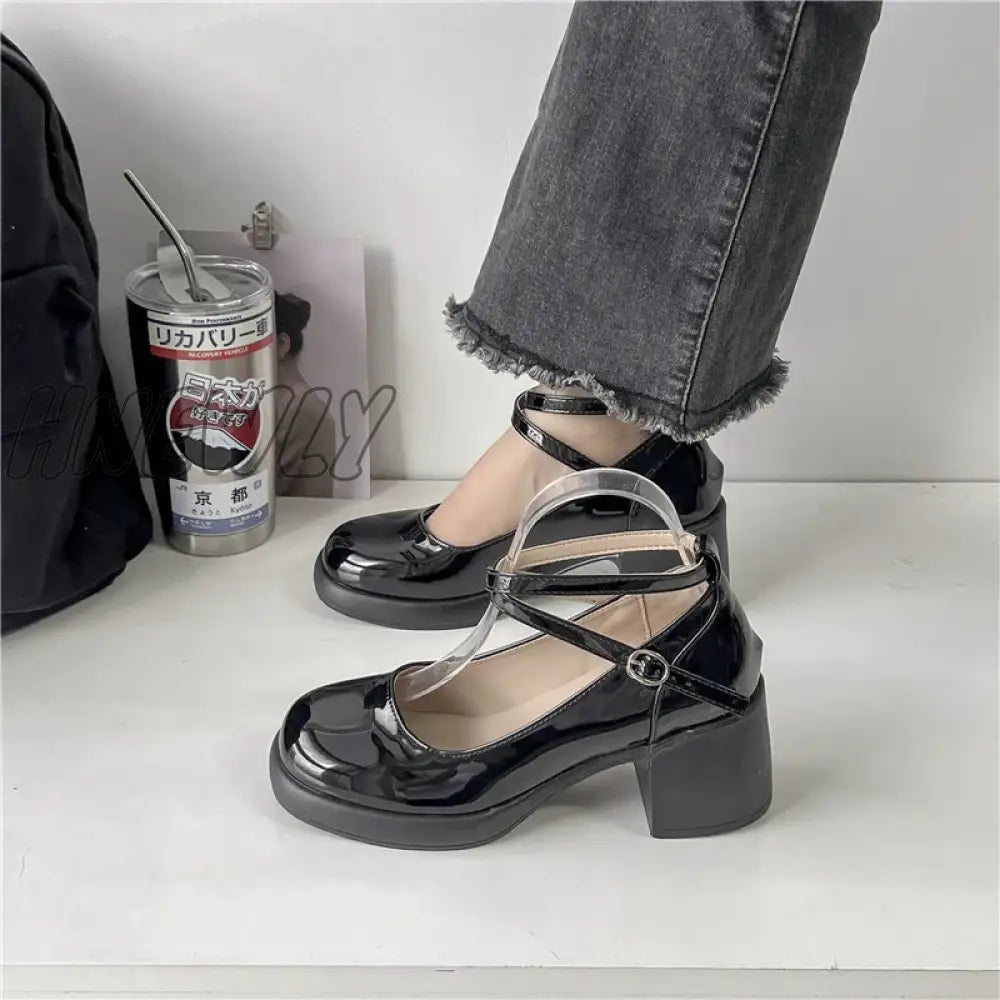 Hnewly Summer Solid Color Light Mouth Shiny Leather Surface One Line Buckle Strap Versatile Women High Heels Women's Single Shoes