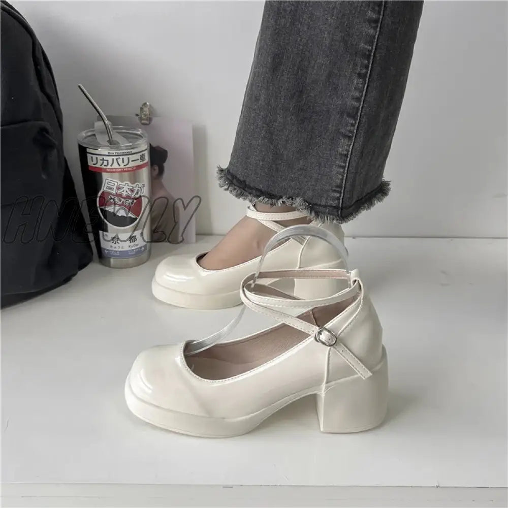 Hnewly Summer Solid Color Light Mouth Shiny Leather Surface One Line Buckle Strap Versatile Women High Heels Women's Single Shoes