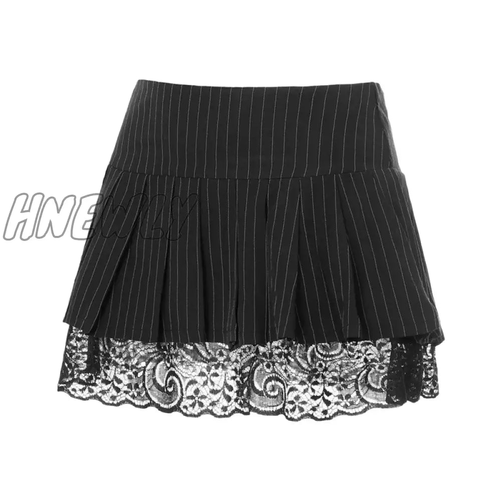 xsrrr Summer Stripe Mini Pleated Skirts Women y2k Goth Black Dark Academia Sexy Street Low Waist Short Skirts Grunge