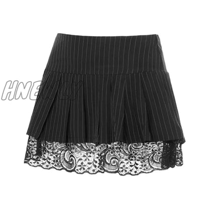 xsrrr Summer Stripe Mini Pleated Skirts Women y2k Goth Black Dark Academia Sexy Street Low Waist Short Skirts Grunge