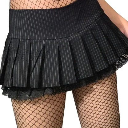 xsrrr Summer Stripe Mini Pleated Skirts Women y2k Goth Black Dark Academia Sexy Street Low Waist Short Skirts Grunge