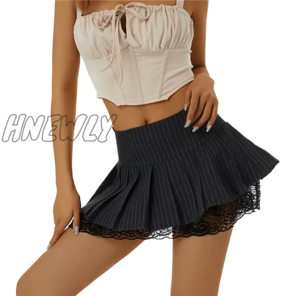 xsrrr Summer Stripe Mini Pleated Skirts Women y2k Goth Black Dark Academia Sexy Street Low Waist Short Skirts Grunge