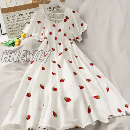 Hnewly Summer Super Fairy White, Strawberry Printed Dress Women's Beautiful Bk New Ling Mid-Length Dress Ins Fashion