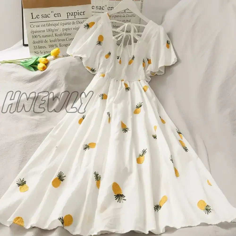 Hnewly Summer Super Fairy White, Strawberry Printed Dress Women's Beautiful Bk New Ling Mid-Length Dress Ins Fashion