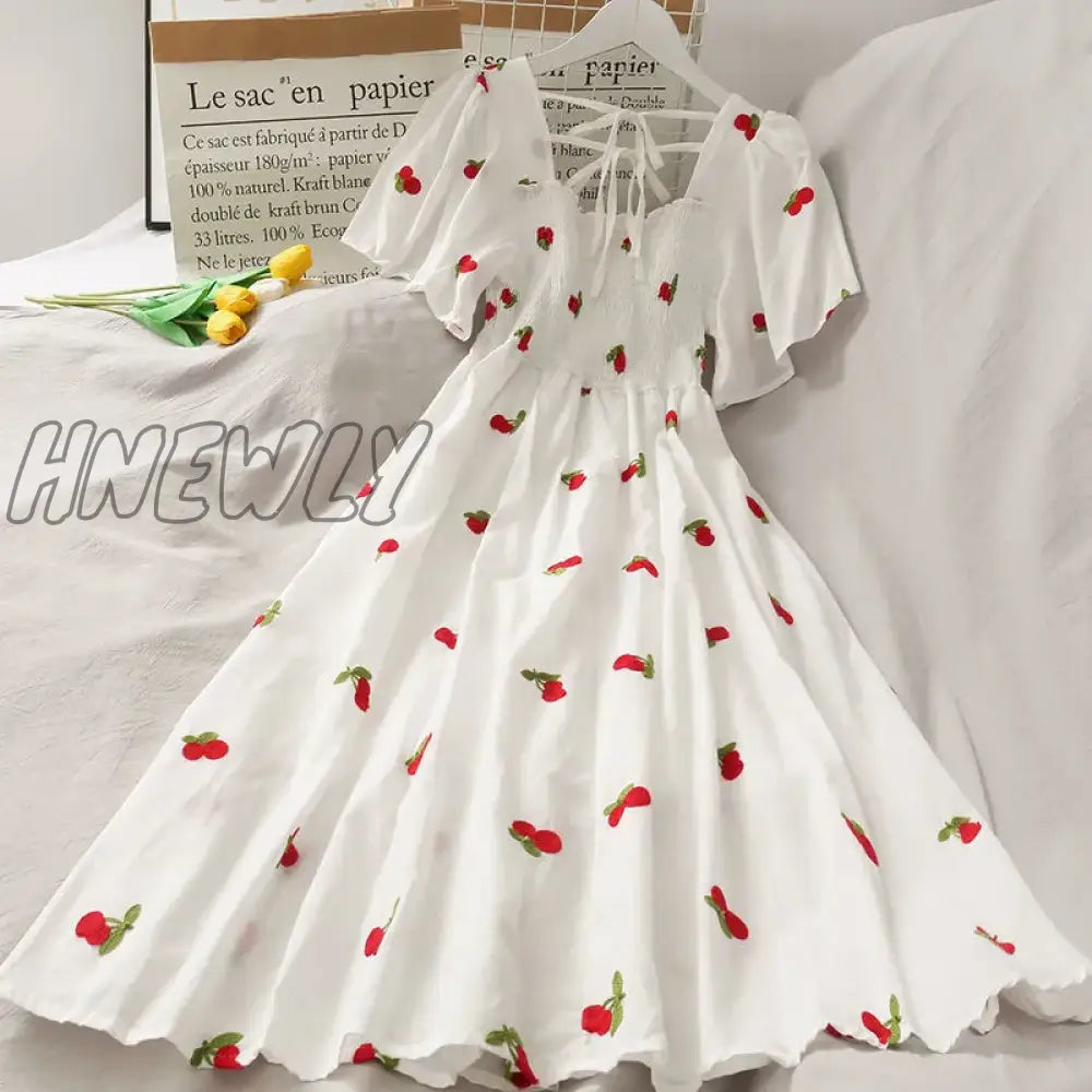 Hnewly Summer Super Fairy White, Strawberry Printed Dress Women's Beautiful Bk New Ling Mid-Length Dress Ins Fashion