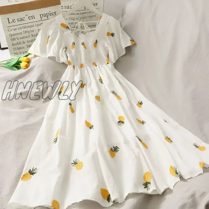 Hnewly Summer Super Fairy White, Strawberry Printed Dress Women's Beautiful Bk New Ling Mid-Length Dress Ins Fashion