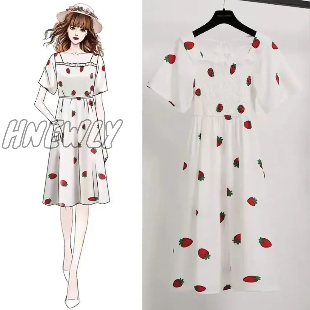 Hnewly Summer Super Fairy White, Strawberry Printed Dress Women's Beautiful Bk New Ling Mid-Length Dress Ins Fashion