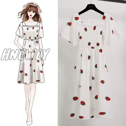 Hnewly Summer Super Fairy White, Strawberry Printed Dress Women's Beautiful Bk New Ling Mid-Length Dress Ins Fashion