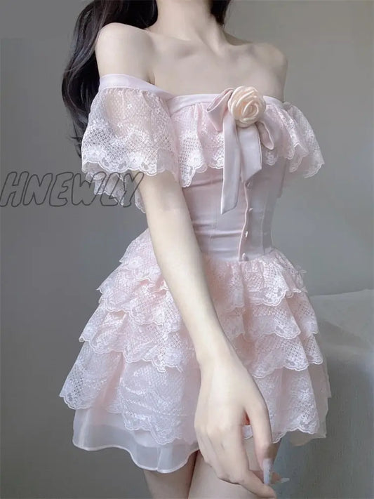 xsrrr Summer Sweet Pink Lolita Princess Mini Dress Women Kawaii Lace Ruffles Flying Sleeve Flower Fluffy Dresses Girly Chic Vestidos