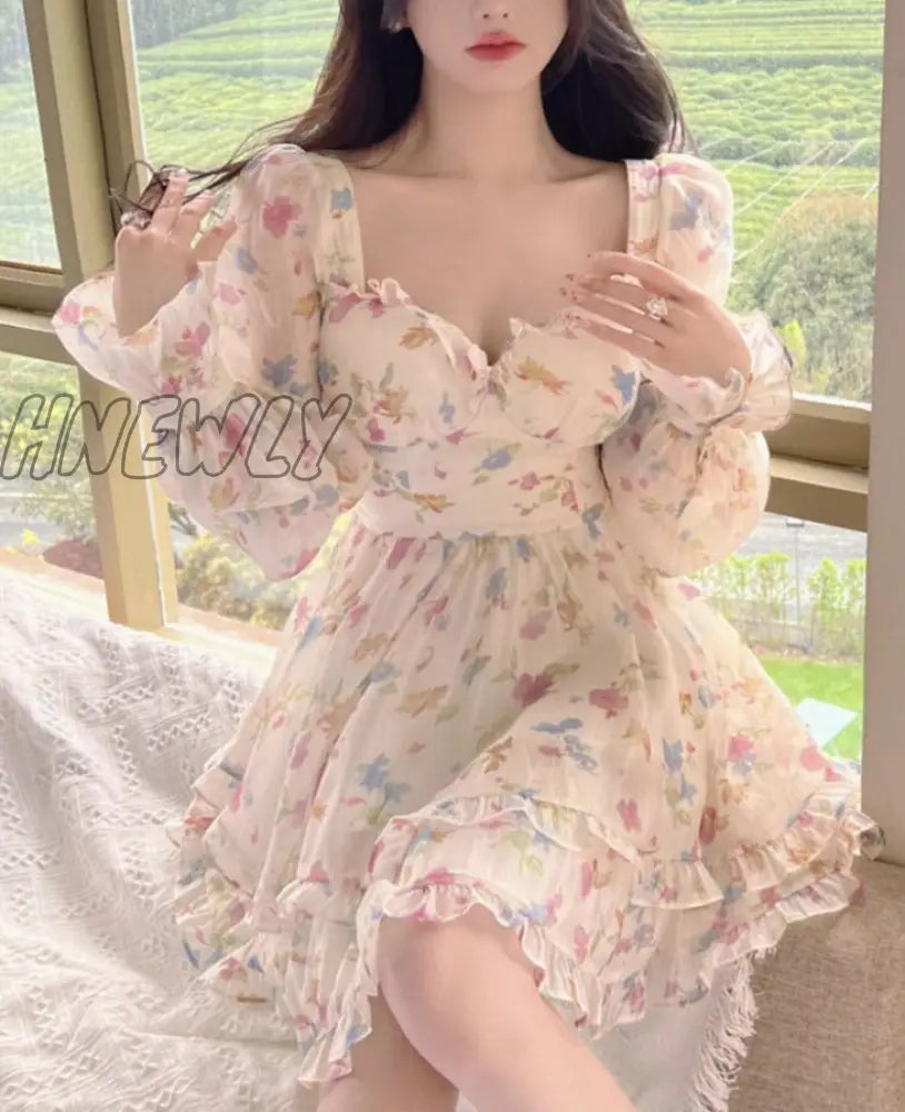 xsrrr Summer Sweet V-Neck Floral Chiffon Dress Women Elegant Long Sleeve Ruffles Party Mini Dresses Female Korean Chic Slim Vestidos