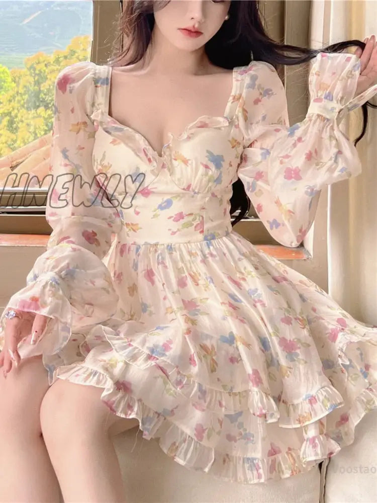 xsrrr Summer Sweet V-Neck Floral Chiffon Dress Women Elegant Long Sleeve Ruffles Party Mini Dresses Female Korean Chic Slim Vestidos