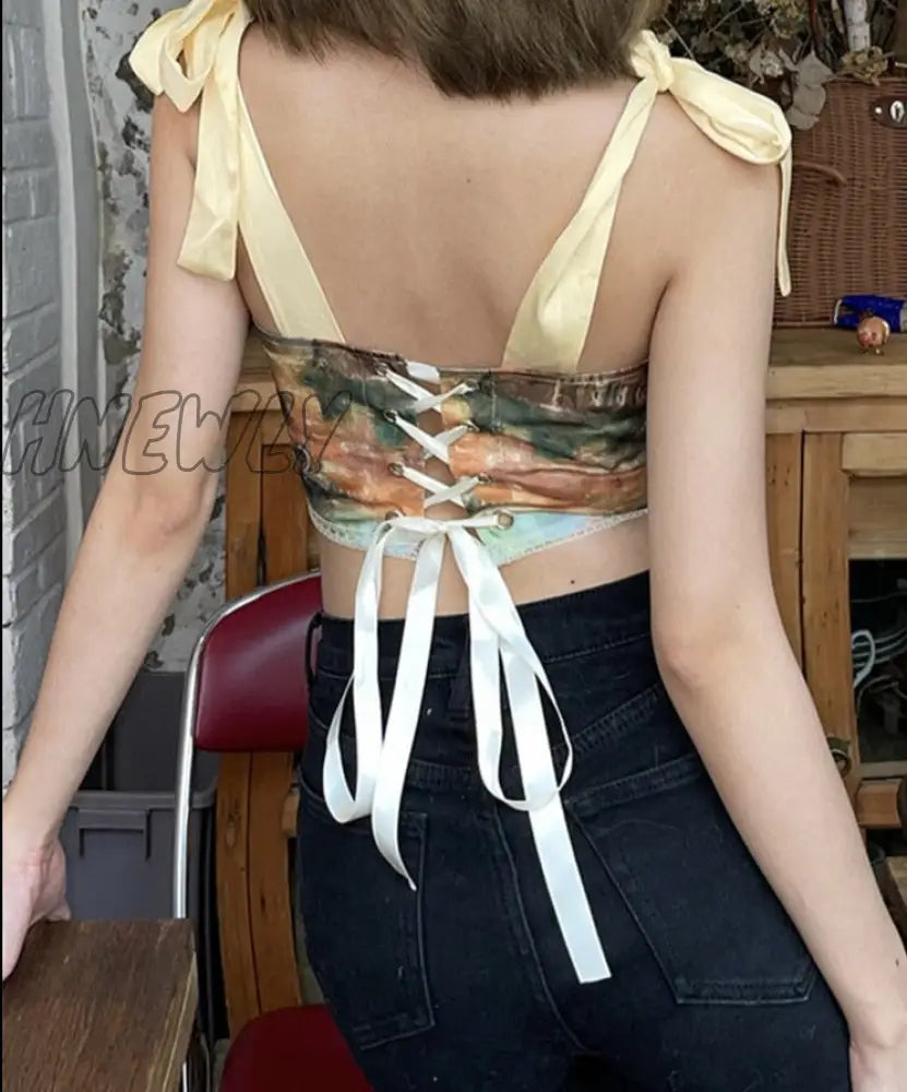 Hnewly Summer Vintage Aesthetic Printed Lace Up Camisole Y2K Women Bow Bandage Hollow Tank Top Skinny Party Streetwear  Trend