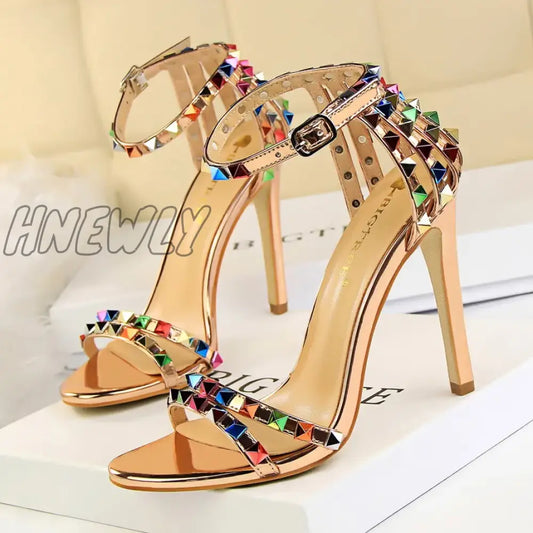 Hnewly Summer Women 11cm High Heels Rivets Studded Sandals Lady Sandles Stiletto Gladiator Pumps Stripper Fetish Open Toe Luxury Shoes