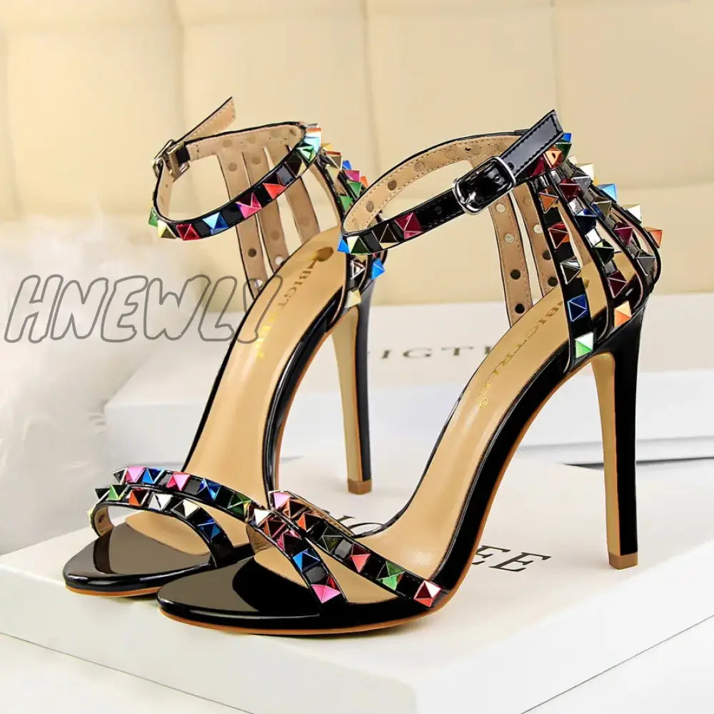 Hnewly Summer Women 11cm High Heels Rivets Studded Sandals Lady Sandles Stiletto Gladiator Pumps Stripper Fetish Open Toe Luxury Shoes