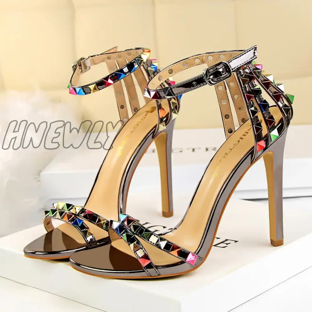 Hnewly Summer Women 11cm High Heels Rivets Studded Sandals Lady Sandles Stiletto Gladiator Pumps Stripper Fetish Open Toe Luxury Shoes