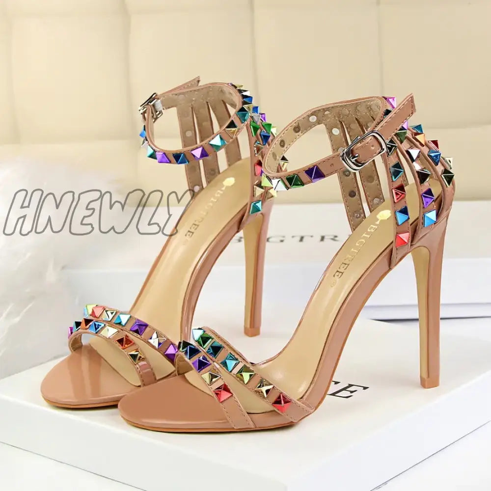 Hnewly Summer Women 11cm High Heels Rivets Studded Sandals Lady Sandles Stiletto Gladiator Pumps Stripper Fetish Open Toe Luxury Shoes