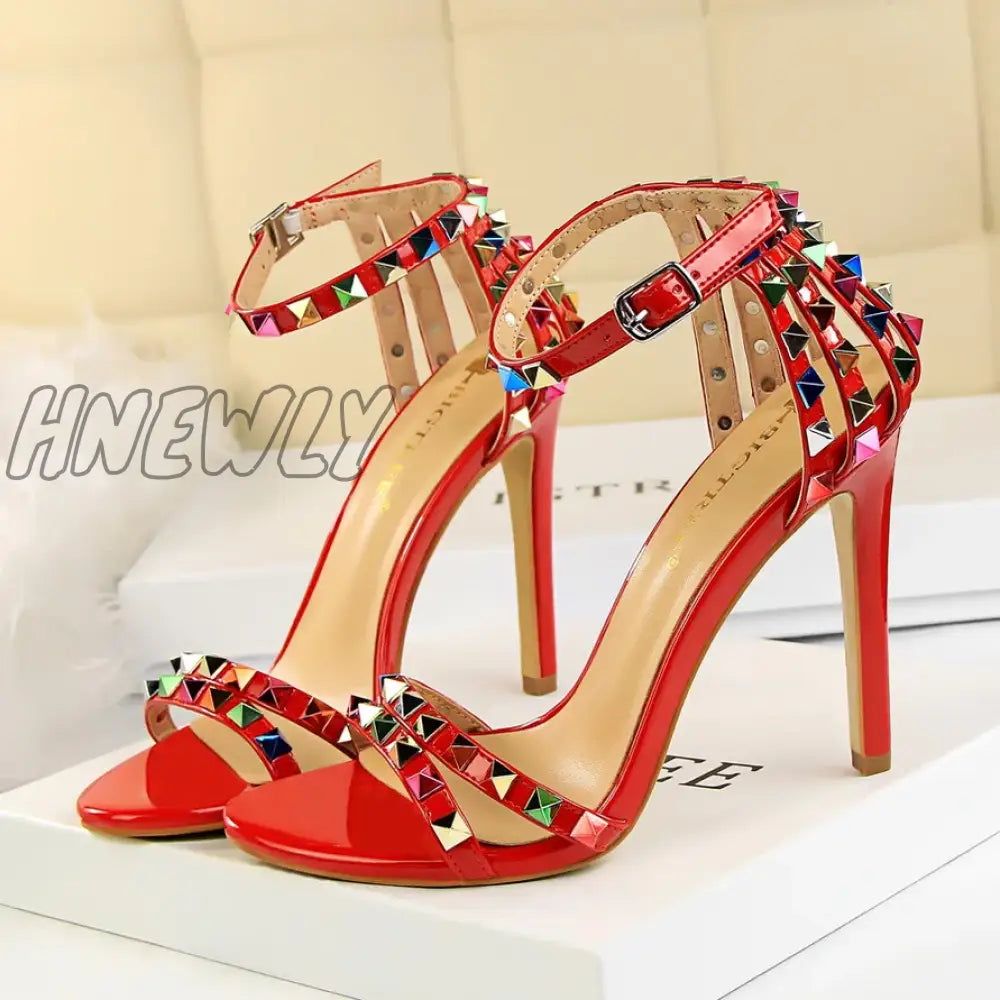 Hnewly Summer Women 11cm High Heels Rivets Studded Sandals Lady Sandles Stiletto Gladiator Pumps Stripper Fetish Open Toe Luxury Shoes