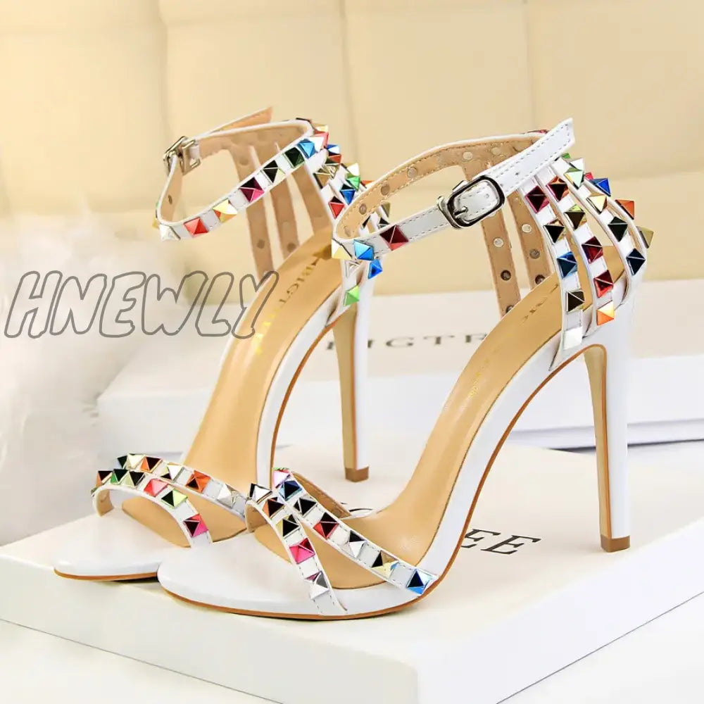 Hnewly Summer Women 11cm High Heels Rivets Studded Sandals Lady Sandles Stiletto Gladiator Pumps Stripper Fetish Open Toe Luxury Shoes