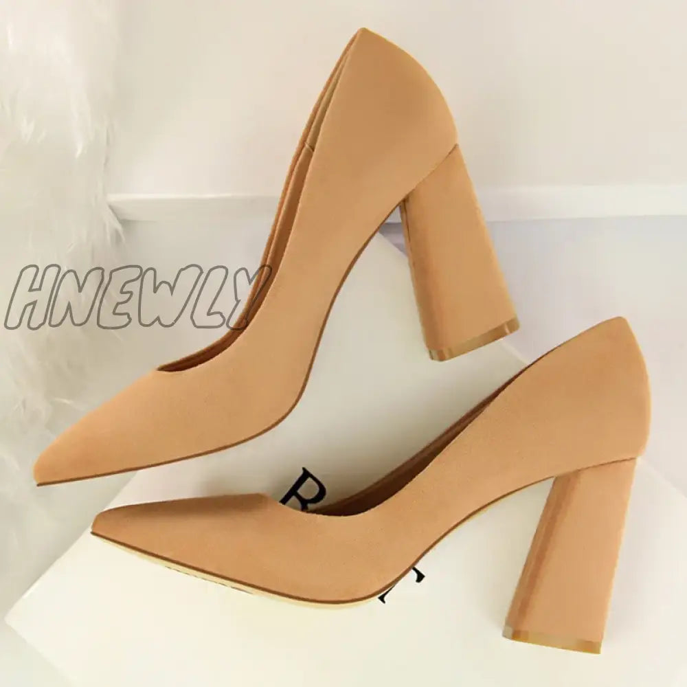 xsrrr Summer Women 8.5cm High Heels Pumps Escarpins Elegant Sweet Lady Wedding Block Square Middle Heels Flock Suede Nightclub Shoes