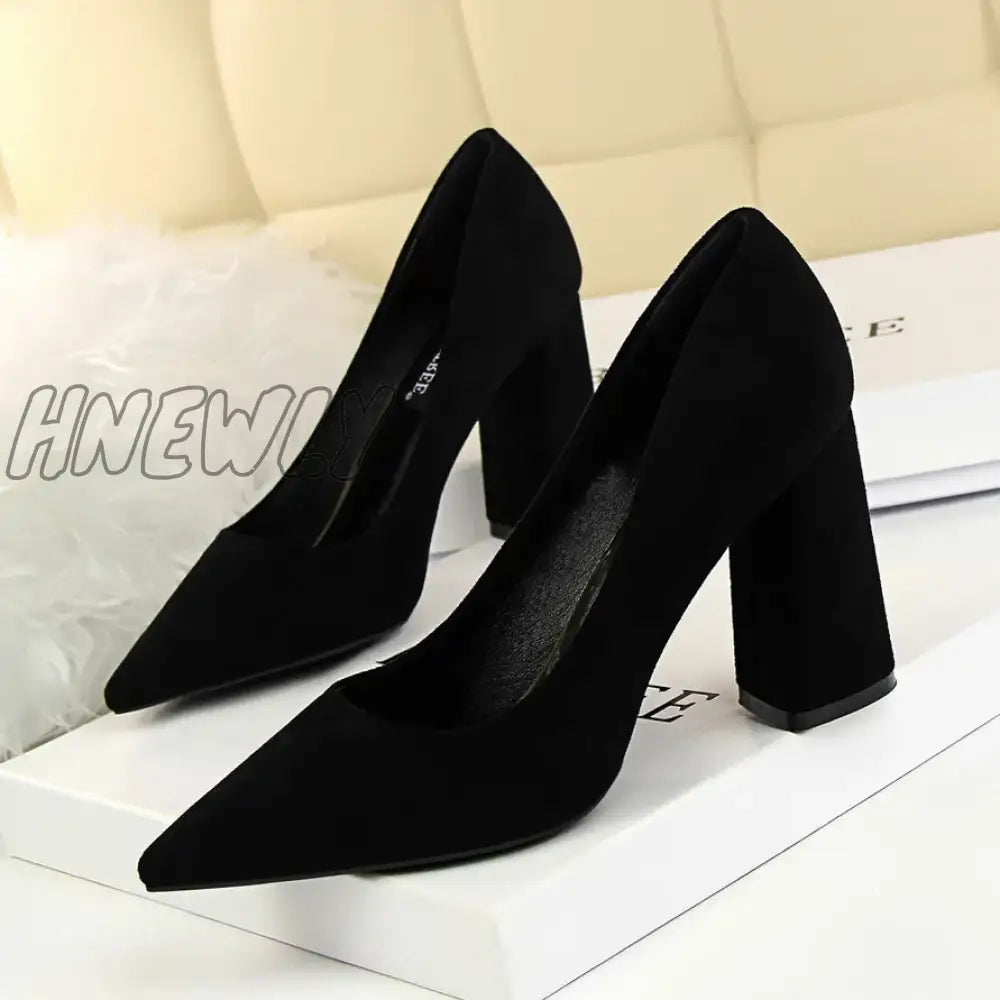 xsrrr Summer Women 8.5cm High Heels Pumps Escarpins Elegant Sweet Lady Wedding Block Square Middle Heels Flock Suede Nightclub Shoes