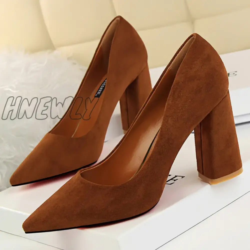 xsrrr Summer Women 8.5cm High Heels Pumps Escarpins Elegant Sweet Lady Wedding Block Square Middle Heels Flock Suede Nightclub Shoes