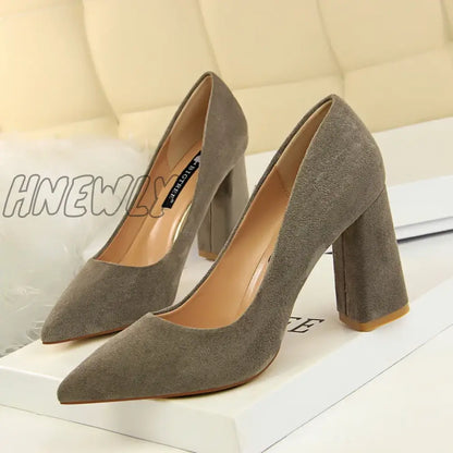 xsrrr Summer Women 8.5cm High Heels Pumps Escarpins Elegant Sweet Lady Wedding Block Square Middle Heels Flock Suede Nightclub Shoes