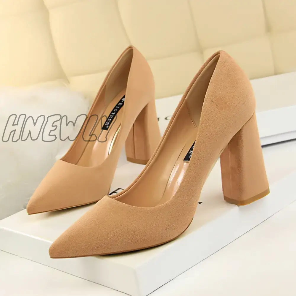 xsrrr Summer Women 8.5cm High Heels Pumps Escarpins Elegant Sweet Lady Wedding Block Square Middle Heels Flock Suede Nightclub Shoes