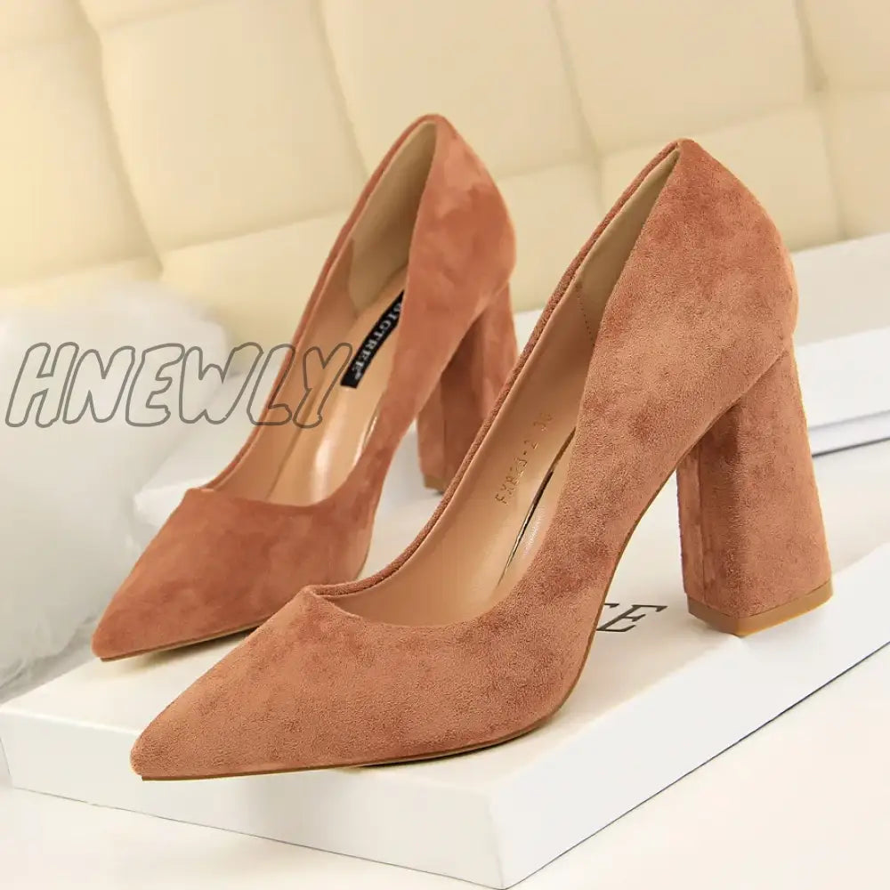 xsrrr Summer Women 8.5cm High Heels Pumps Escarpins Elegant Sweet Lady Wedding Block Square Middle Heels Flock Suede Nightclub Shoes