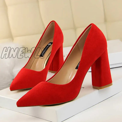 xsrrr Summer Women 8.5cm High Heels Pumps Escarpins Elegant Sweet Lady Wedding Block Square Middle Heels Flock Suede Nightclub Shoes