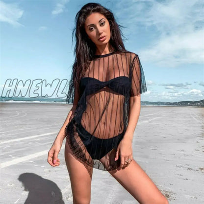 xsrrr Summer Women Beach Swimsuit Cover Up Sexy Mesh Sheer Bikini Beach Cover Up Swimsuit Bathing Loose Bikini Tops swimwear New