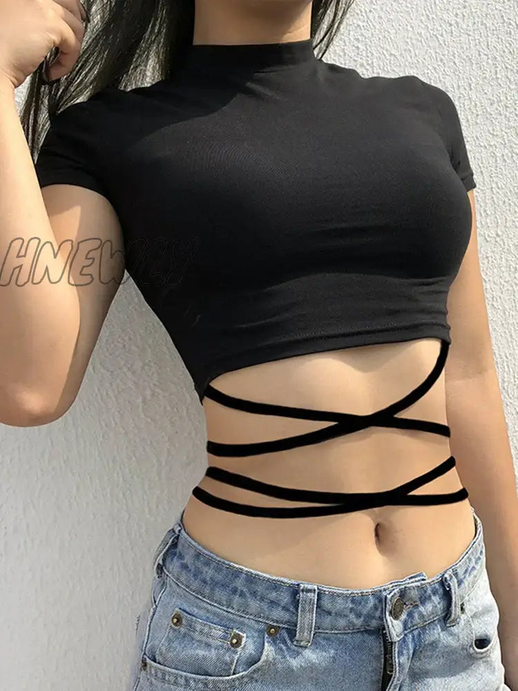 xsrrr Summer Women Black Short T-Shirts Sexy Crop Tops Short Sleeve Bandage Tee Tops Female Shirts