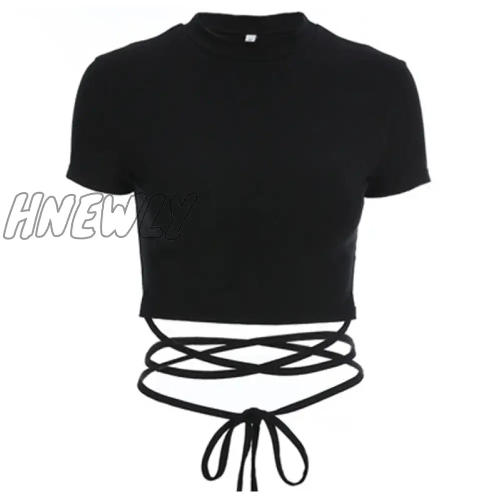 xsrrr Summer Women Black Short T-Shirts Sexy Crop Tops Short Sleeve Bandage Tee Tops Female Shirts