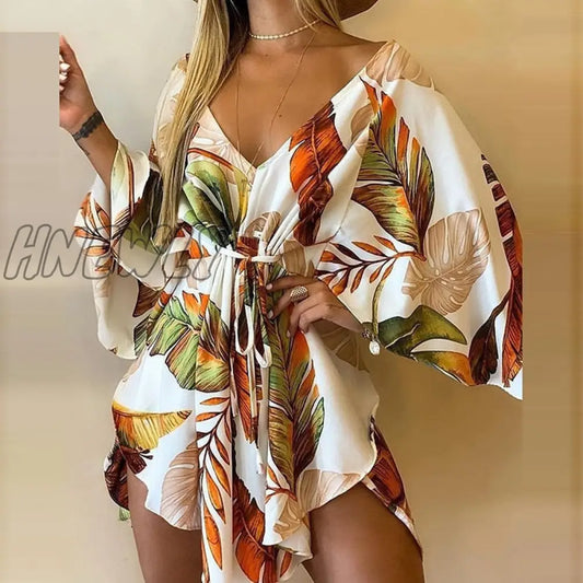 xsrrr Summer Women Elegant Dresses Sexy V Neck Lace-up Floral Print Mini Dress Casual Flared Sleeves Irregular Ladies Party Dress