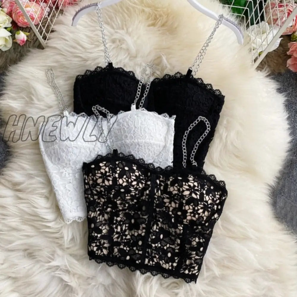 xsrrr Summer Women Floral Black Lace Camis Slim Metal Chain Spaghetti Strap Tank Female Sexy Backless Sleeveless Vest Short Tops