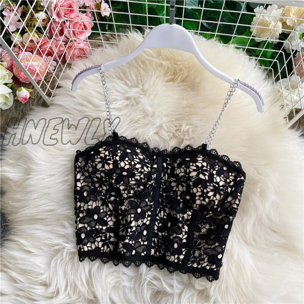 xsrrr Summer Women Floral Black Lace Camis Slim Metal Chain Spaghetti Strap Tank Female Sexy Backless Sleeveless Vest Short Tops