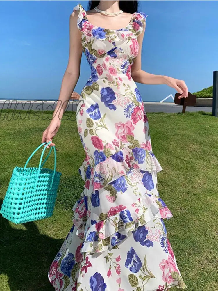 xsrrr Summer Women Floral Bodycon Slim Party Dress Sleeveless Casual Birthday One Pieces Robe Chic Elegant Female Clothings Vestidos