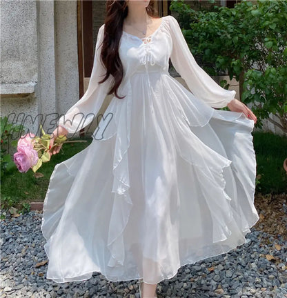 Hnewly Summer Women Maxi Long Sundress Suspenders White Apricot Ruffles Fairy Dress Elegant Feminine Holiday Beach Romantic Dress