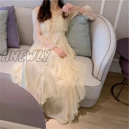 Hnewly Summer Women Maxi Long Sundress Suspenders White Apricot Ruffles Fairy Dress Elegant Feminine Holiday Beach Romantic Dress