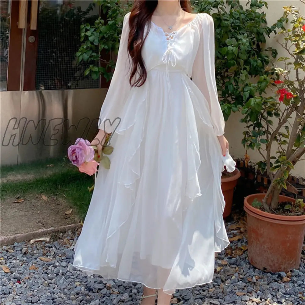 Hnewly Summer Women Maxi Long Sundress Suspenders White Apricot Ruffles Fairy Dress Elegant Feminine Holiday Beach Romantic Dress