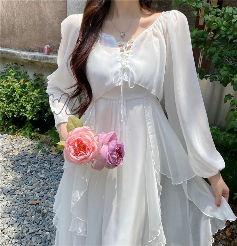 Hnewly Summer Women Maxi Long Sundress Suspenders White Apricot Ruffles Fairy Dress Elegant Feminine Holiday Beach Romantic Dress