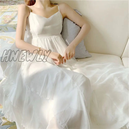 Hnewly Summer Women Maxi Long Sundress Suspenders White Apricot Ruffles Fairy Dress Elegant Feminine Holiday Beach Romantic Dress