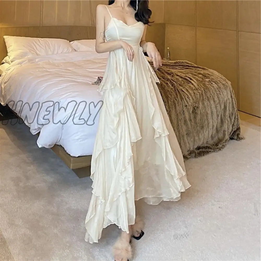 Hnewly Summer Women Maxi Long Sundress Suspenders White Apricot Ruffles Fairy Dress Elegant Feminine Holiday Beach Romantic Dress